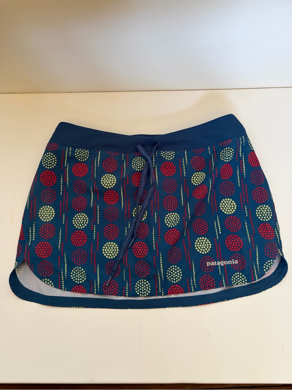 Patagonia  Blue Mini Skort with Red and Light Green Dot Print